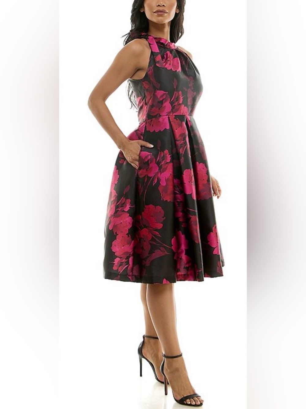 Maison Tara Black Midi Dress with Pink Floral Print Bow Neck Fit & Flare